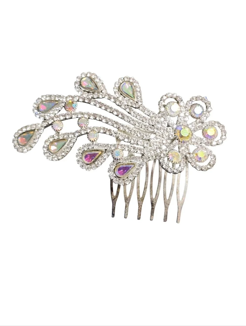 Silvertone Aurora Borealis & Clear Crystal Teardrop Hair Comb